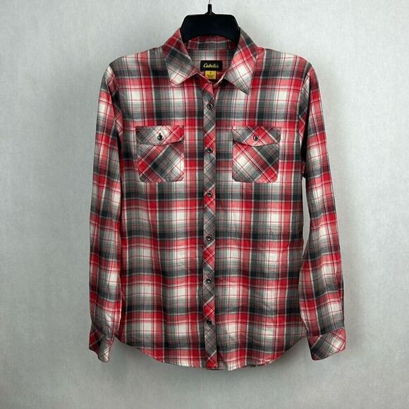 Cabela’s Button Down Shirt Women’s Sz Small Red Plaid Long Sleeve Fitted Hiking - Picture 1 of 7